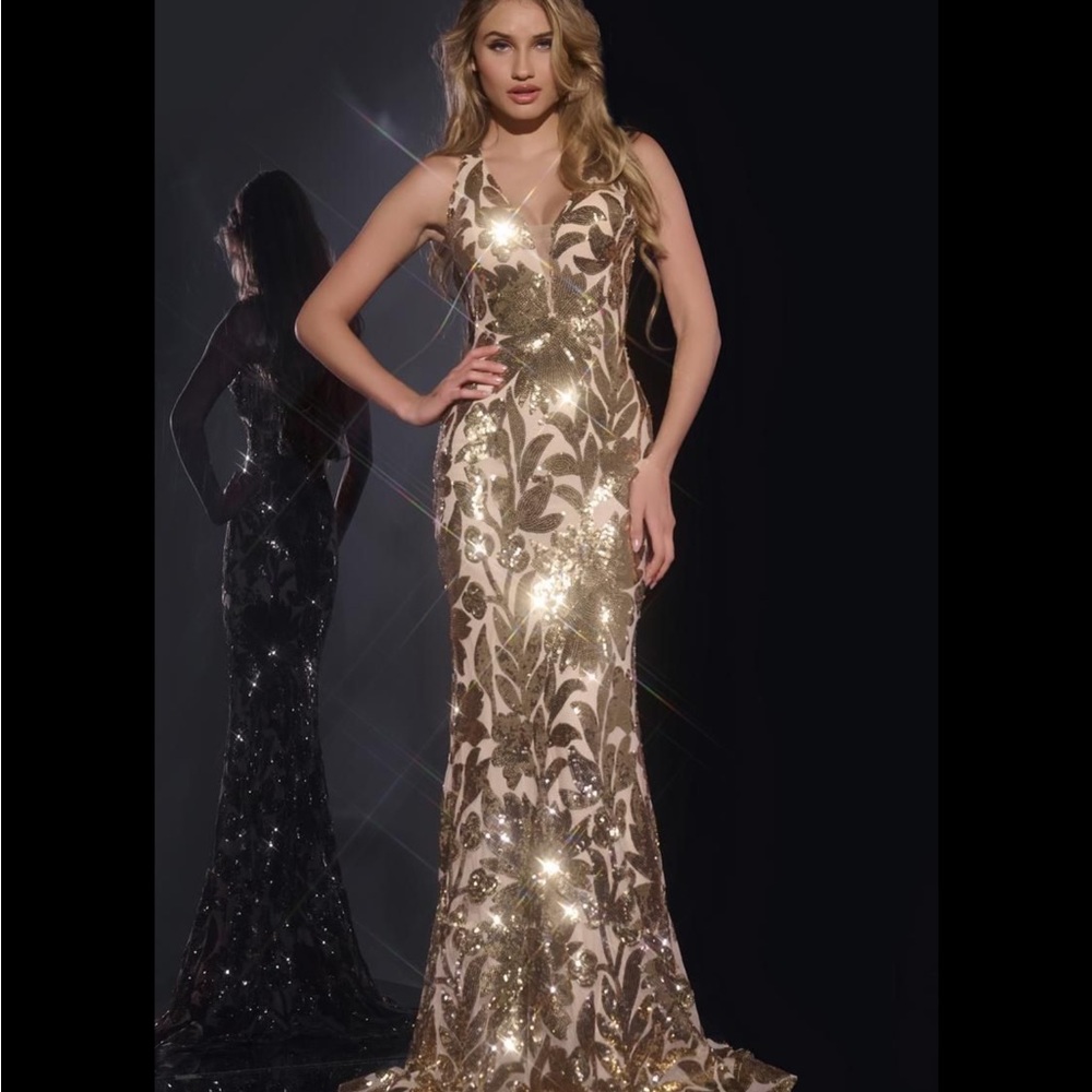 Jovani Gold and Brown Sequin Prom Dress